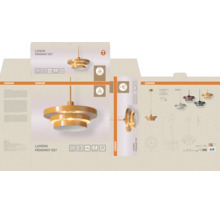 Verpackung der Osram Layers Pendelleuchte E27 mit Produktabbildungen, technischen Spezifikationen und Osram Logo.