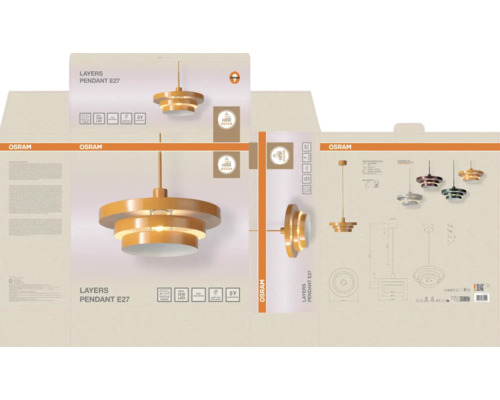 Verpackung der Osram Layers Pendelleuchte E27 mit Produktabbildungen, technischen Spezifikationen und Osram Logo.