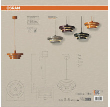 Technische Darstellung der Osram Decor Layers Pendelleuchte mit Maßangaben Montagehinweisen und verschiedenen Farbvarianten des Lampenschirms.