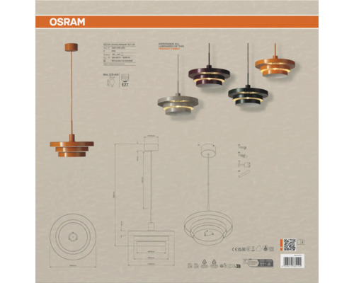 Technische Darstellung der Osram Decor Layers Pendelleuchte mit Maßangaben Montagehinweisen und verschiedenen Farbvarianten des Lampenschirms.