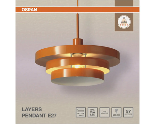 Osram Layers Pendelleuchte E27, mehrschichtiges Metalldesign mit Textilkabel, maximale Leistung 15 Watt LED, einfache Montage, 5 Jahre Garantie.