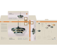Osram Layers Pendelleuchte E27 inklusive Produktverpackung mit technischen Details und Montageanleitung.