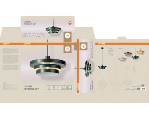 Osram Layers Pendelleuchte E27 inklusive Produktverpackung mit technischen Details und Montageanleitung.
