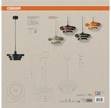 Technische Zeichnung und Produktübersicht der Osram Decor Layers Pendelleuchte mit E27 Fassung und Bemaßungsangaben.