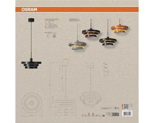 Technische Zeichnung und Produktübersicht der Osram Decor Layers Pendelleuchte mit E27 Fassung und Bemaßungsangaben.