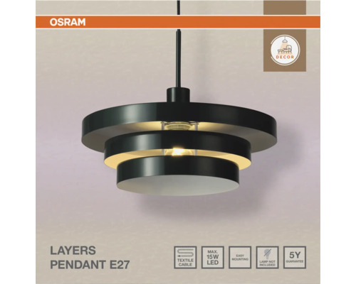 Osram Layers Pendelleuchte E27 mit dreistufigem Metallschirm zur dekorativen Innenbeleuchtung mit Textilkabel und fünf Jahren Garantie