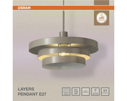 Osram Layers Pendelleuchte E27, mehrschichtiges Metalldesign mit Textilkabel, geeignet fuer maximal 15 Watt LED Leuchtmittel, einfache Montage.