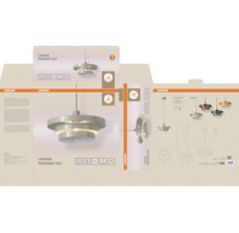 Osram Layers Pendelleuchte E27 inklusive Verpackungskarton mit Produktinformationen und technischen Zeichnungen.