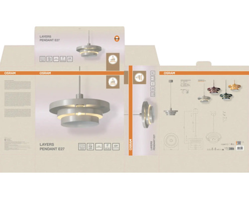 Osram Layers Pendelleuchte E27 inklusive Verpackungskarton mit Produktinformationen und technischen Zeichnungen.