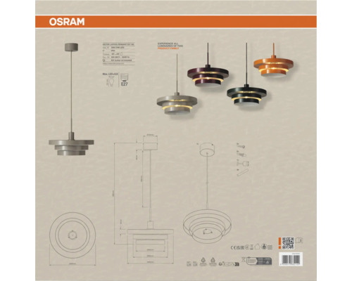 Osram Decor Layers Pendelleuchte E27 mit technischer Zeichnung und Maßen für die Innenbeleuchtung.