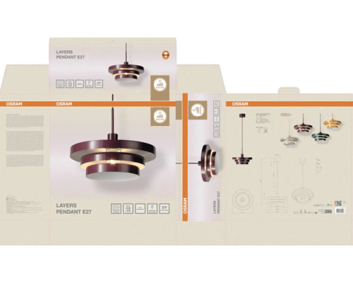Osram Layers Pendelleuchte E27 inklusive Produktverpackung mit technischen Angaben und Produktabbildungen.