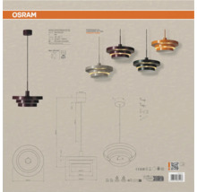 OSRAM Decor Layers Pendelleuchte mit E27 Fassung, mehrschichtiges Design, inklusive technischer Zeichnung und Montagezubehör.