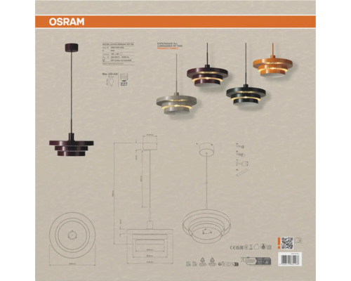 OSRAM Decor Layers Pendelleuchte mit E27 Fassung, mehrschichtiges Design, inklusive technischer Zeichnung und Montagezubehör.