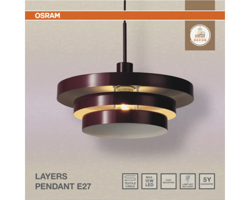 Osram Layers Pendelleuchte mit E27 Fassung, mehrschichtiges Metalldesign, für maximal 15 Watt LED Leuchtmittel, Textilkabel und einfache Montage.