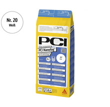 PCI Nanofug Flexfugenmörtel weiß vier Kilogramm für alle Fugenbreiten und keramische Beläge inklusive PCI Logo und Sika Logo.