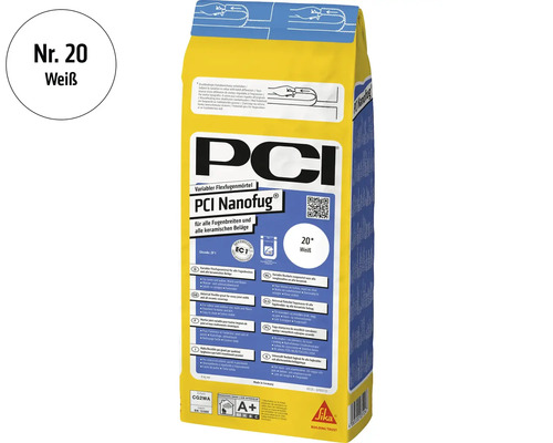 PCI Nanofug Flexfugenmörtel weiß vier Kilogramm für alle Fugenbreiten und keramische Beläge inklusive PCI Logo und Sika Logo.