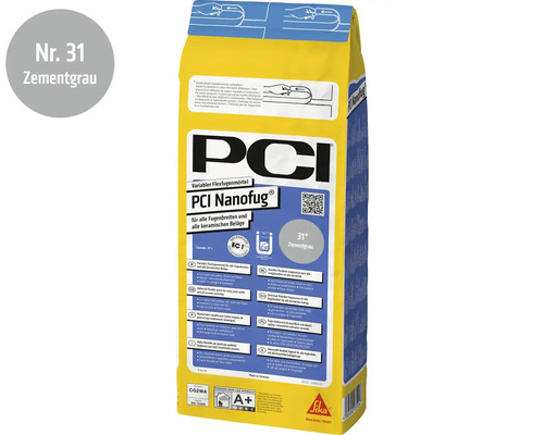PCI Nanofug Flexfugenmörtel in Zementgrau, geeignet für alle Fugenbreiten und keramische Beläge im Innen- und Außenbereich.