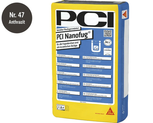 PCI Nanofug flexibler Fugenmörtel anthrazit in 15 Kilogramm Sack für alle Fugenbreiten und keramischen Beläge.
