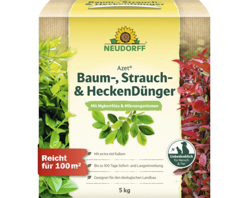 Neudorff Azet Baum-, Strauch- und Heckendünger 5 Kilogramm Packung für organisches Pflanzenwachstum mit Mykorrhiza und Mikroorganismen.