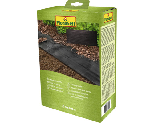 FloraSelf Klima-Unkrautfolie mit den Maßen 10 Meter mal 0,9 Meter zur Unterdrückung von Unkraut im Garten in der Produktverpackung.