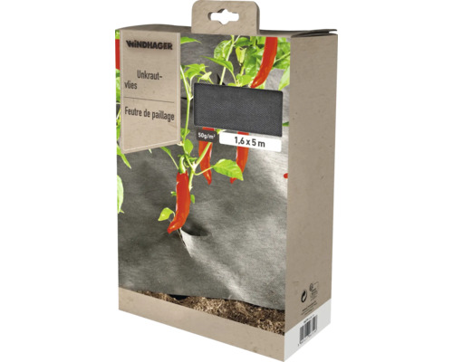 Windhager Unkrautvlies in Verpackung, 1,6 x 5 Meter, 50 Gramm pro Quadratmeter, zur Unkrautunterdrückung im Garten.