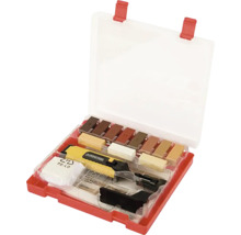 Set zur Reparatur von Holzoberflächen mit Wachsstangen, Schaber und Füllstoff in einem Kunststoffkoffer