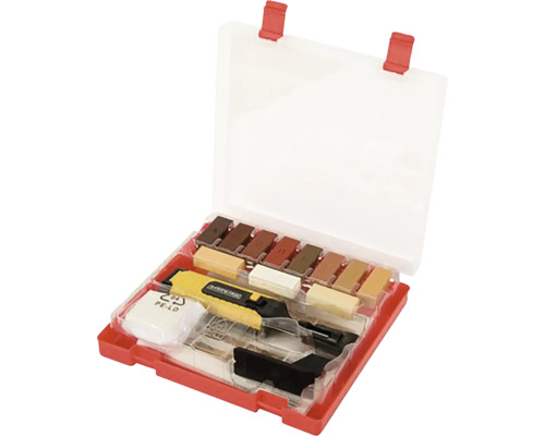 Set zur Reparatur von Holzoberflächen mit Wachsstangen, Schaber und Füllstoff in einem Kunststoffkoffer