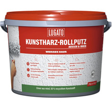 Lugato Kunstharz Rollputz für Aussen und Innen in einem 20 Kilogramm Eimer mit 0,5 Millimeter Körnung für Wandgestaltung.