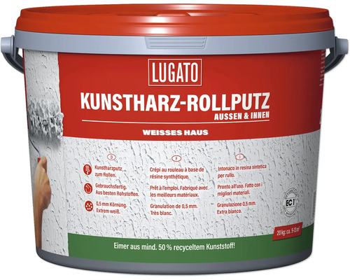 Lugato Kunstharz Rollputz für Aussen und Innen in einem 20 Kilogramm Eimer mit 0,5 Millimeter Körnung für Wandgestaltung.