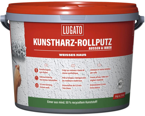 LUGATO Kunstharz Rollputz für Außen und Innen in einem Eimer mit 8 Kilogramm Inhalt und 0,5 Millimeter Körnung.