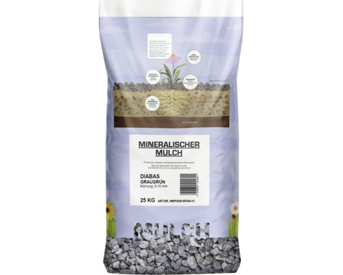 Sack mit mineralischem Diabas Mulch in graugruen, Koernung 8 bis 16 Millimeter, Gewicht 25 Kilogramm fuer Stauden und Gehloeze.
