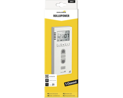 Schellenberg Rollopower Funk Zeitschaltuhr mit 5 Kanälen für Rollladensteuerung in der Verpackung.