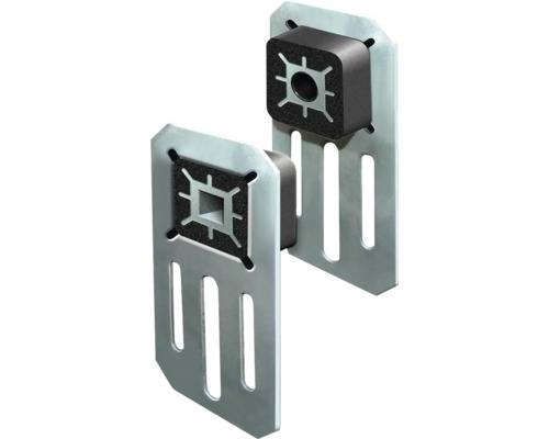 Zwei metallische Montageplatten mit Schaumstoffblock und Langlöchern zur Befestigung