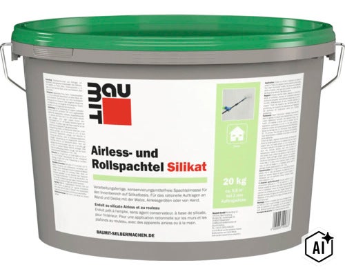 Baumit Airless- und Rollspachtel Silikat im Eimer 20 Kilogramm fuer Innenanwendungen auf Wänden und Decken (Image AI modified or generated)