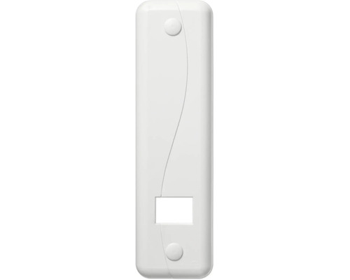 Weiße Kunststoffabdeckung für Heizkörperthermostat mit geschwungenem Designelement und quadratischem Displayausschnitt.