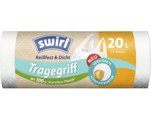 Swirl Abfallbeutel mit Tragegriff, 20 Liter, 17 Stück, aus 100 Prozent recyceltem Kunststoff.