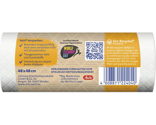 Swirl Müllbeutel auf Rolle mit Informationen zu Materialbeschaffenheit und Nachhaltigkeit auf der Verpackungsrückseite.