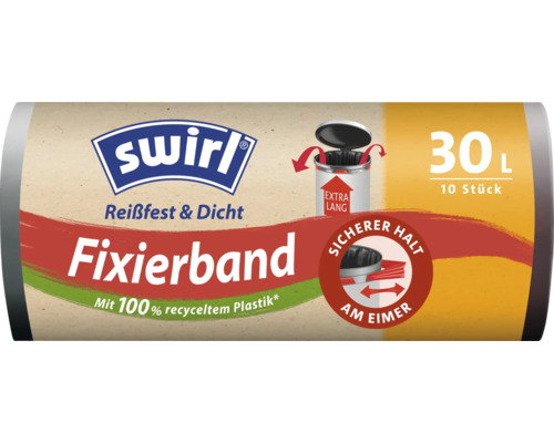 Swirl Müllbeutel 30 Liter mit Fixierband, 10 Stück, reißfest und dicht, aus 100 Prozent recyceltem Kunststoff.