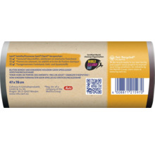Produktetikett eines Swirl Müllbeutels mit Herstellerangaben, Warnhinweisen, QR Code, World Cleanup Day Logo und Strichcode.