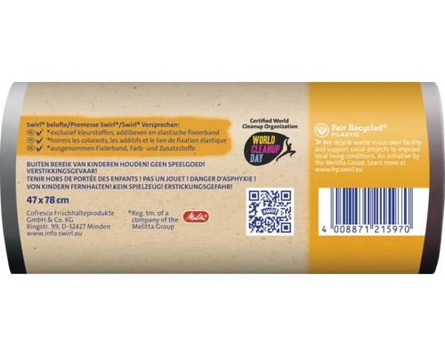 Produktetikett eines Swirl Müllbeutels mit Herstellerangaben, Warnhinweisen, QR Code, World Cleanup Day Logo und Strichcode.