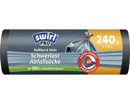 Swirl Pro Schwerlast Abfallsäcke 240 Liter 5 Stück aus recyceltem Kunststoff für schwere Abfälle