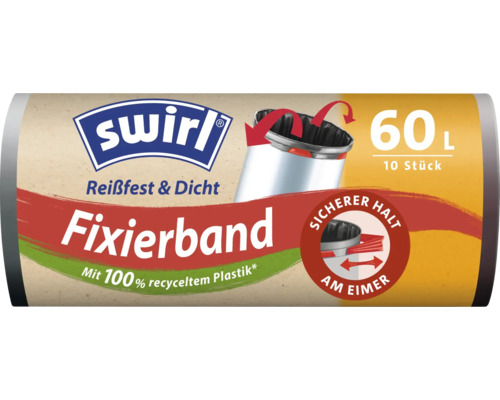 Swirl Müllbeutel mit Fixierband 60 Liter 10 Stück reißfest und dicht aus recyceltem Kunststoff