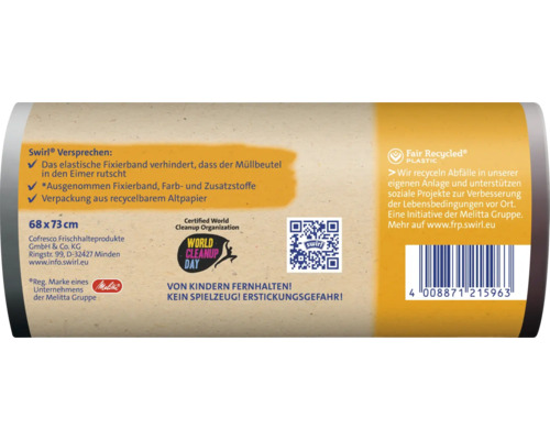 Produktverpackung von Swirl Müllbeuteln mit Informationen zum Produktnutzen, Nachhaltigkeit, Zertifizierungen und Sicherheitshinweisen.