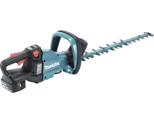 Makita Akku-Heckenschere mit 18 Volt Akku und langem Schneidmesser für den Garten.