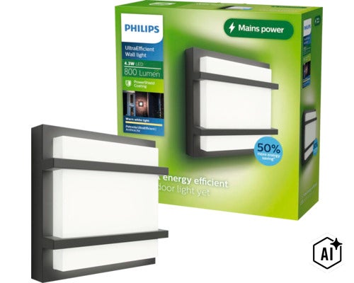 Philips Petronia LED Außenwandleuchte 4,3 Watt 800 Lumen in der Verpackung (Image AI modified or generated)