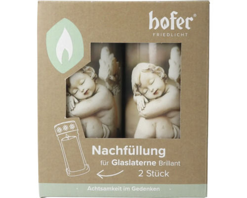 Hofer Friedlicht Nachfüllung für Glaslaterne Brillant, 2 Stück Grabkerzen mit Engelmotiv für die Grabgestaltung.