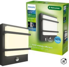 Philips LED Außenwandleuchte Petronia mit Bewegungsmelder in quadratischem Design mit 800 Lumen und 4,3 Watt in der Verpackung (Image AI modified or generated)