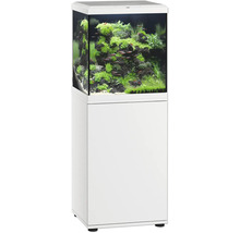 Quadratisches Aquarium mit Unterschrank in weißer Optik, inklusive aufwendiger Unterwasserlandschaft mit Pflanzen, Steinen und Fischen.