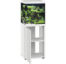Aquarienkombination mit bepflanztem Glasaquarium auf einem weißen Aquarienschrank mit offenem Regalfach und einer Tür.