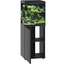 Quadratisches Aquarium mit Unterschrank in modernem Design, bepflanzt mit Gestein und Fischen, ideal für die Heimaquaristik.